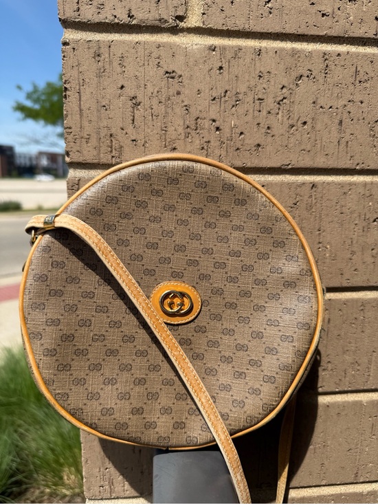 Gucci Handbags - Vintage Gucci Monogram Round Crossbody purse with Tan Trim